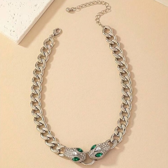 Silver Snake Head Choker Necklace — Emerald Crystal Detail - Picture 2 of 2